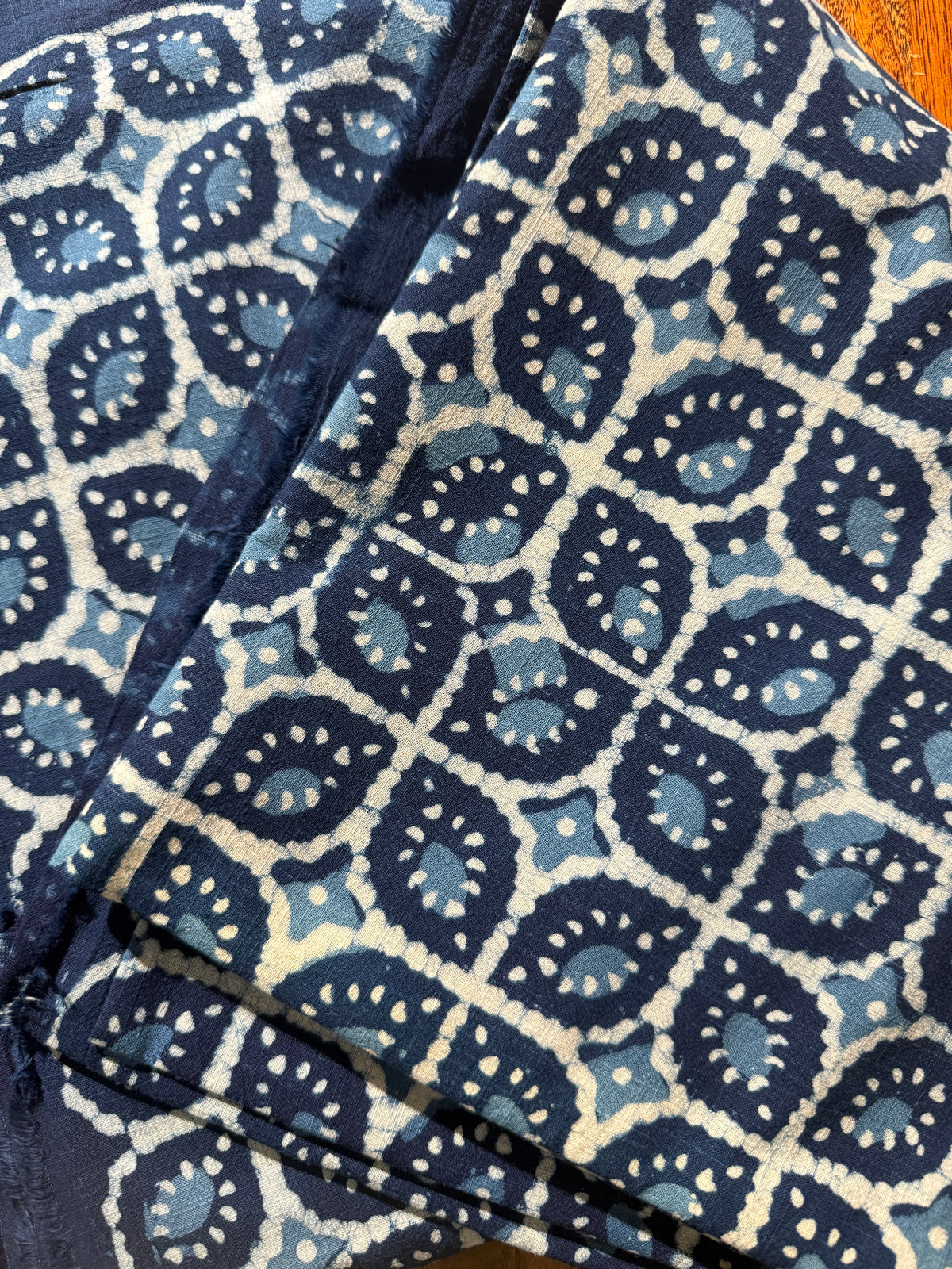 Indigo Blue Floral Geometric Dabu Hand Block Print Cotton Fabric