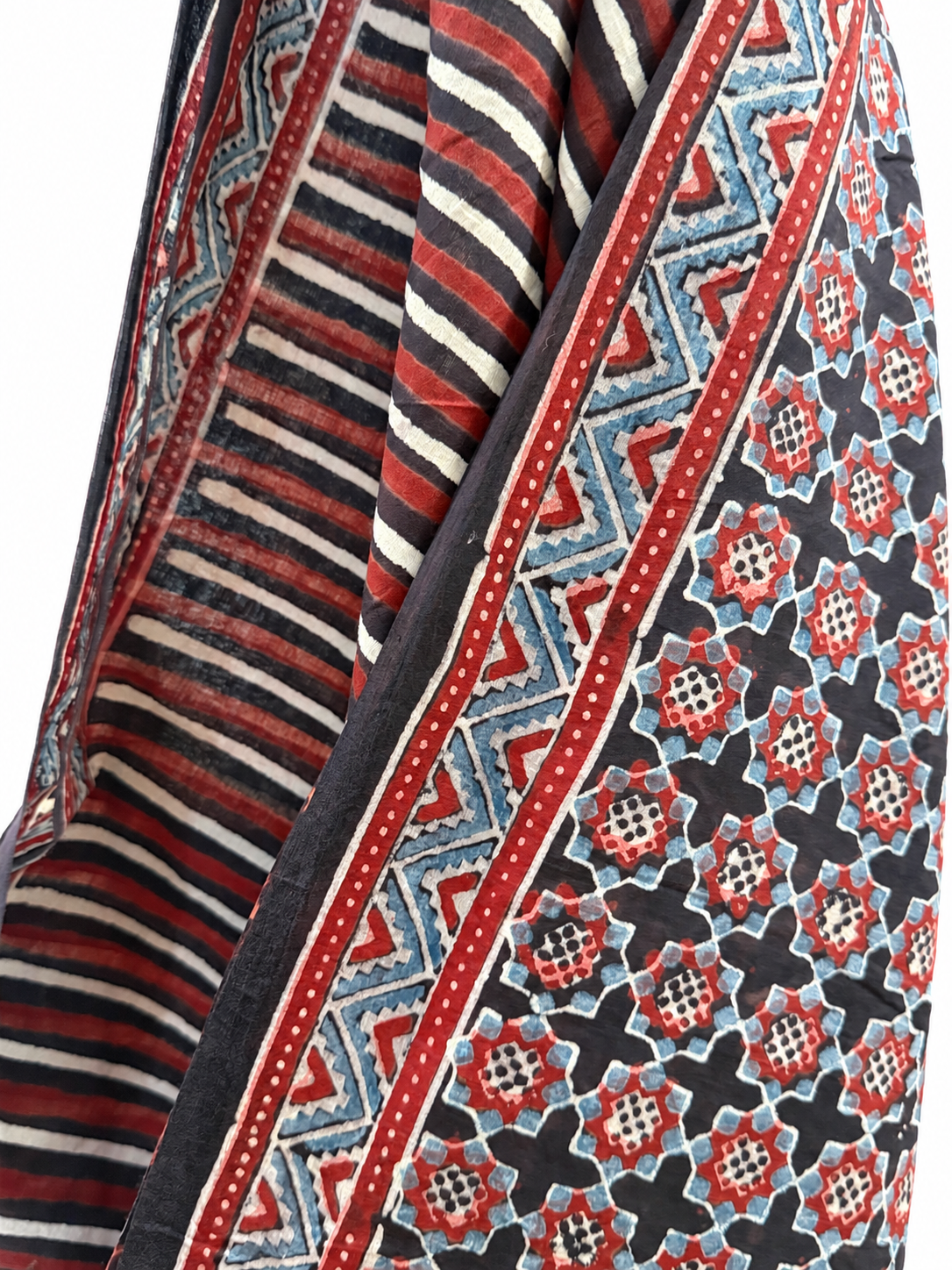 Indigo & Red Ajrakh Hand Block Print Malmal Cotton Saree