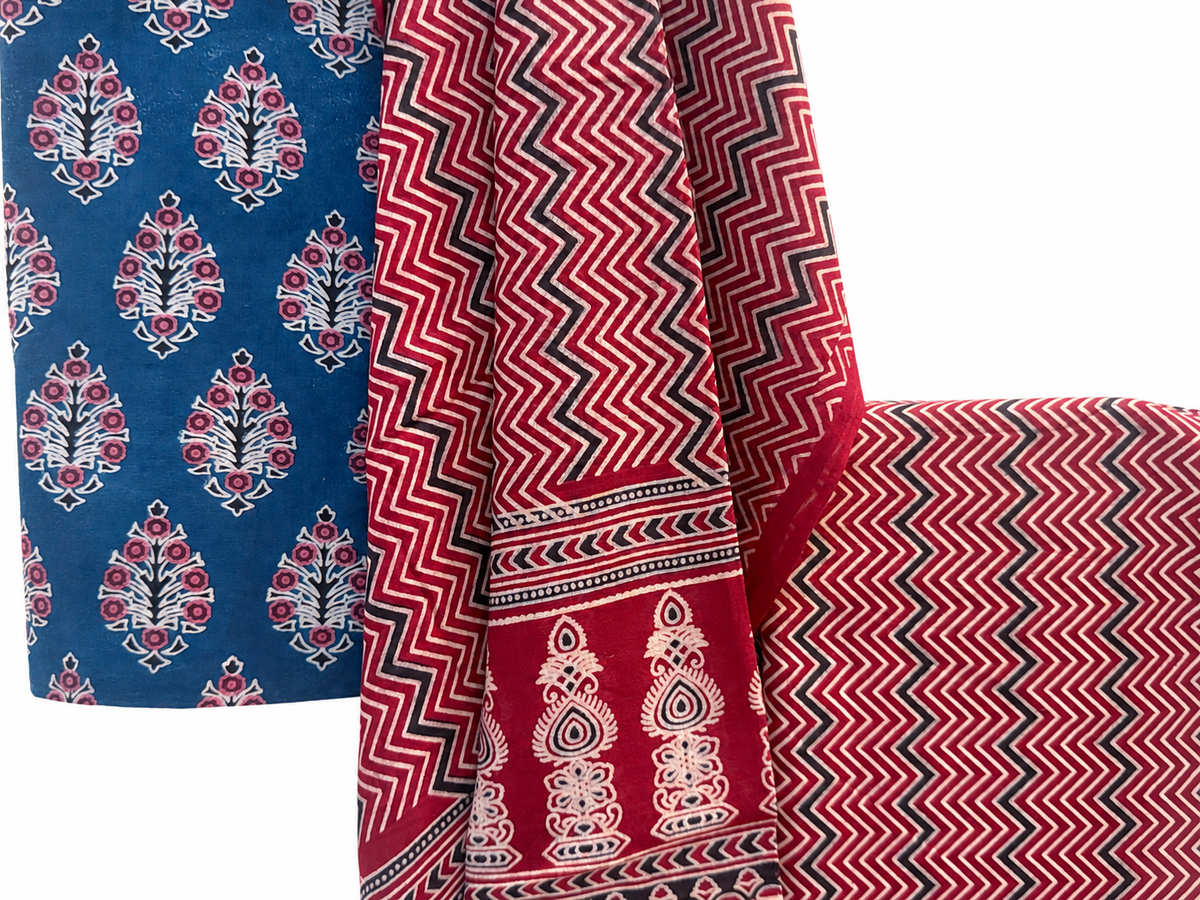 Royal Blue & Crimson Red Ajrakh Hand Block Print Cotton Suit Set
