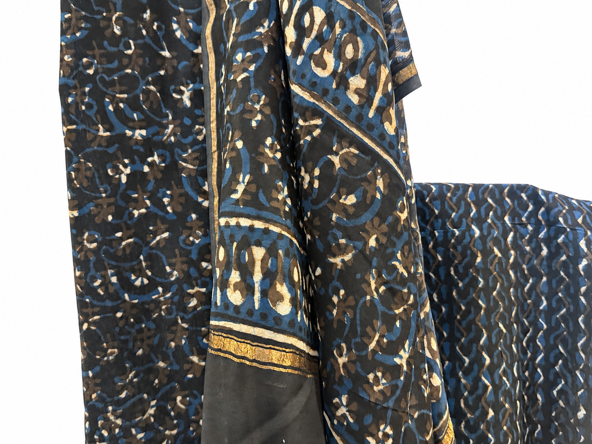 Charcoal Grey and Indigo Blue Dabu Hand Block Print Chanderi Silk Suit Set