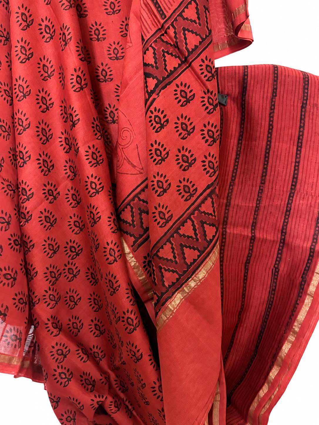 Coral Red Dabu Hand Block Print Chanderi Silk Suit Set