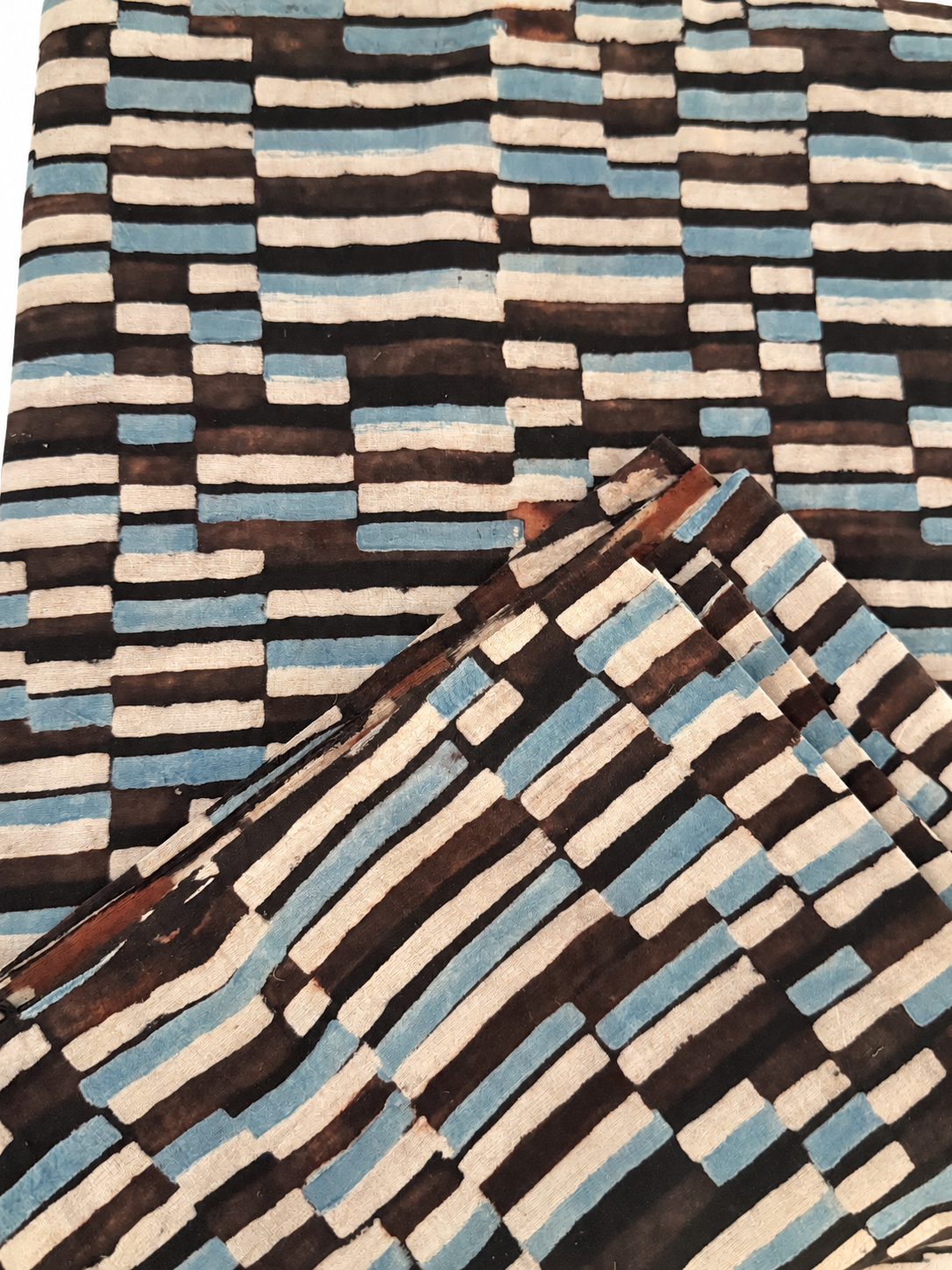 Indigo & Brown Striped Ajrakh Malmal Cotton Hand Block Print Fabric