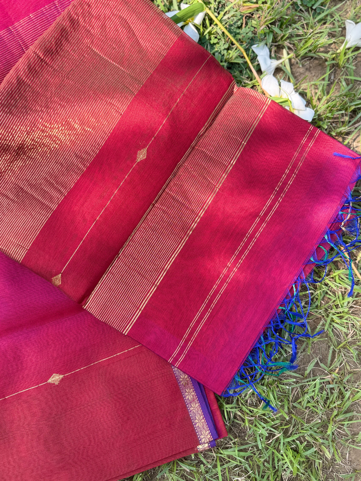 Rani Pink Maheshwari Silk Saree with Golden Zari Stripes