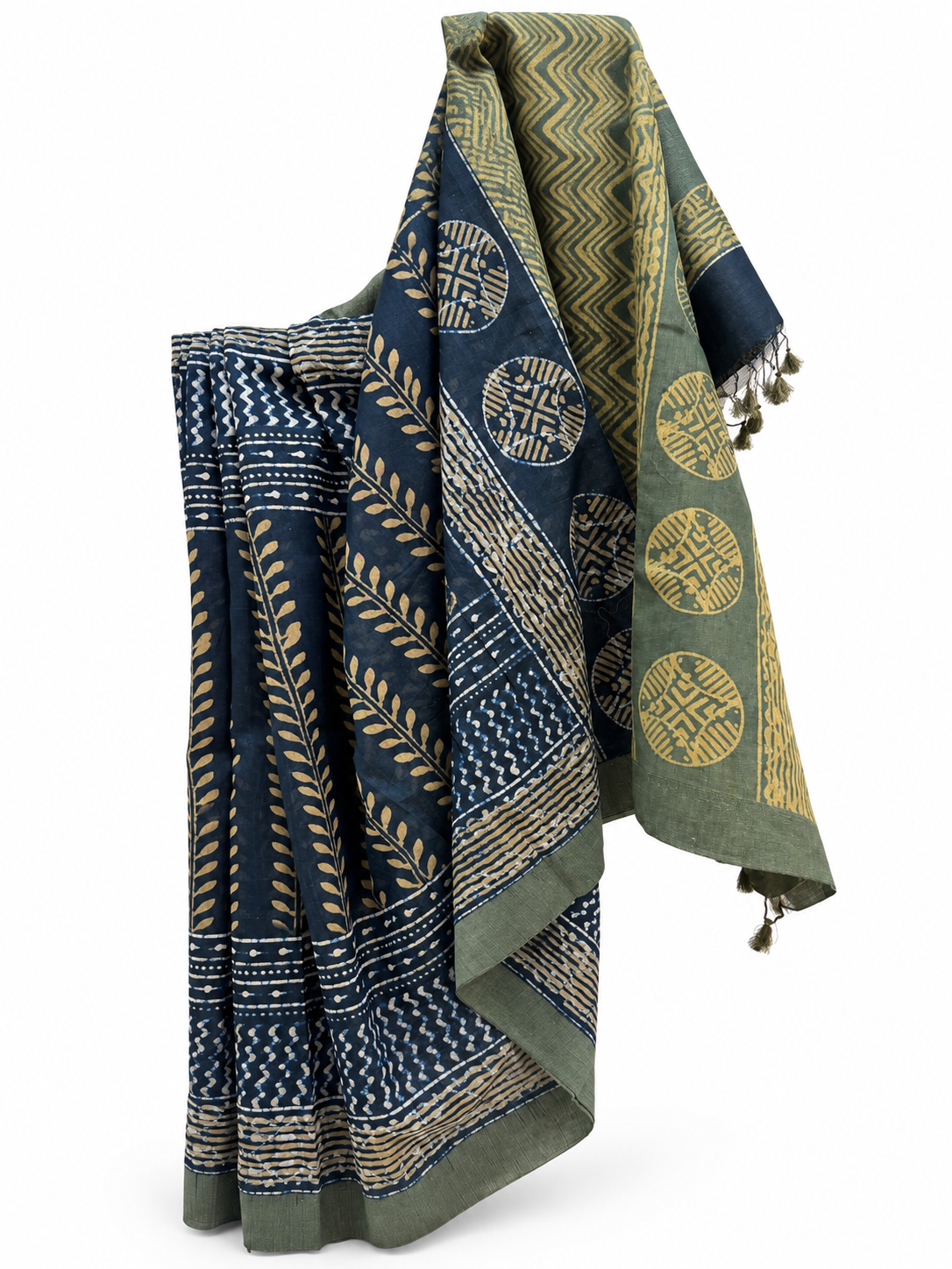 INDIGO-OLIVE DABU BLOCK PRINTING CHANDERI SILK WITH TUSSAR BORDER