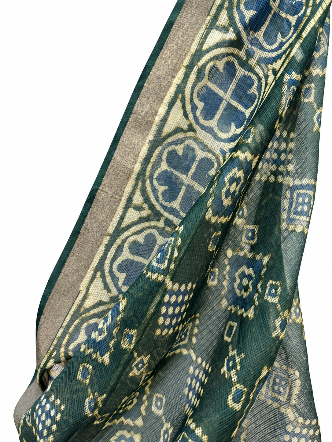 GREEN KOTA SILK DABU BLOCK PRINTED