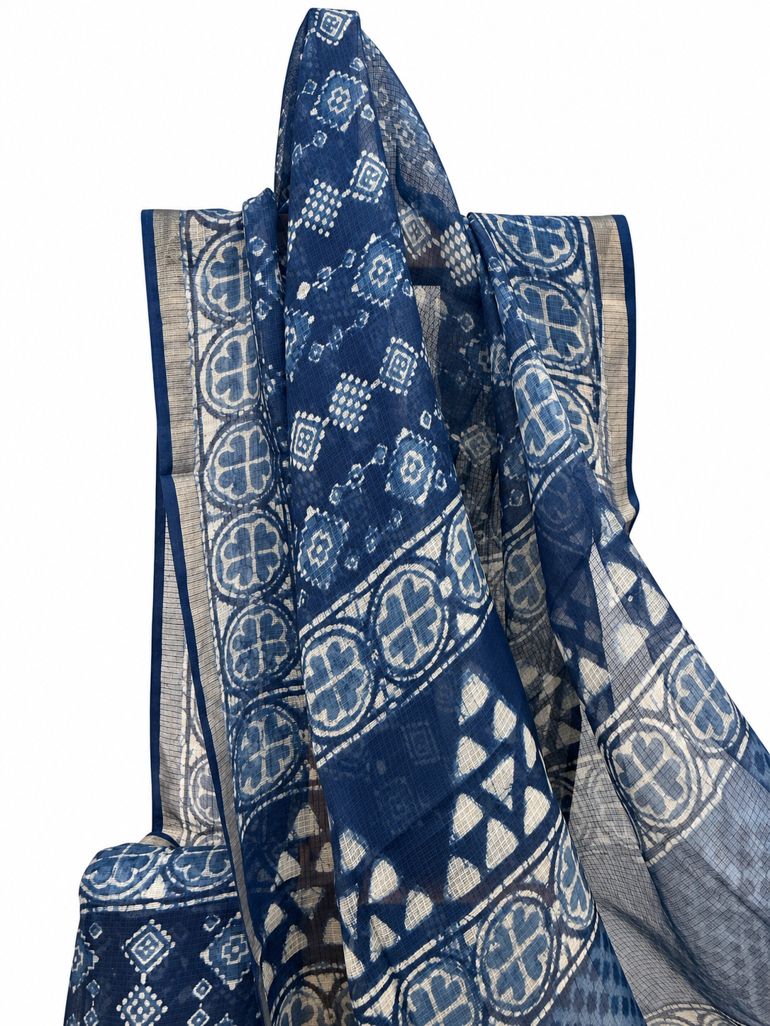INDIGO BLOCK PRINTED CHANDERI SILK
