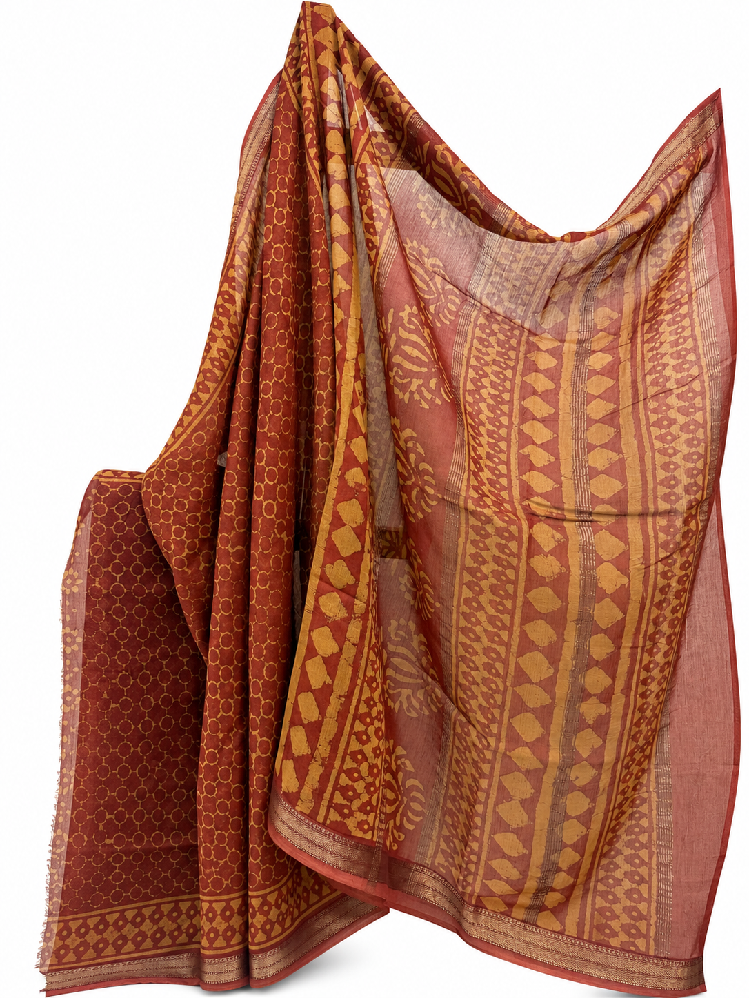 RUSTIC ORANGE BLOCK PRINTED CHANDERI SILK