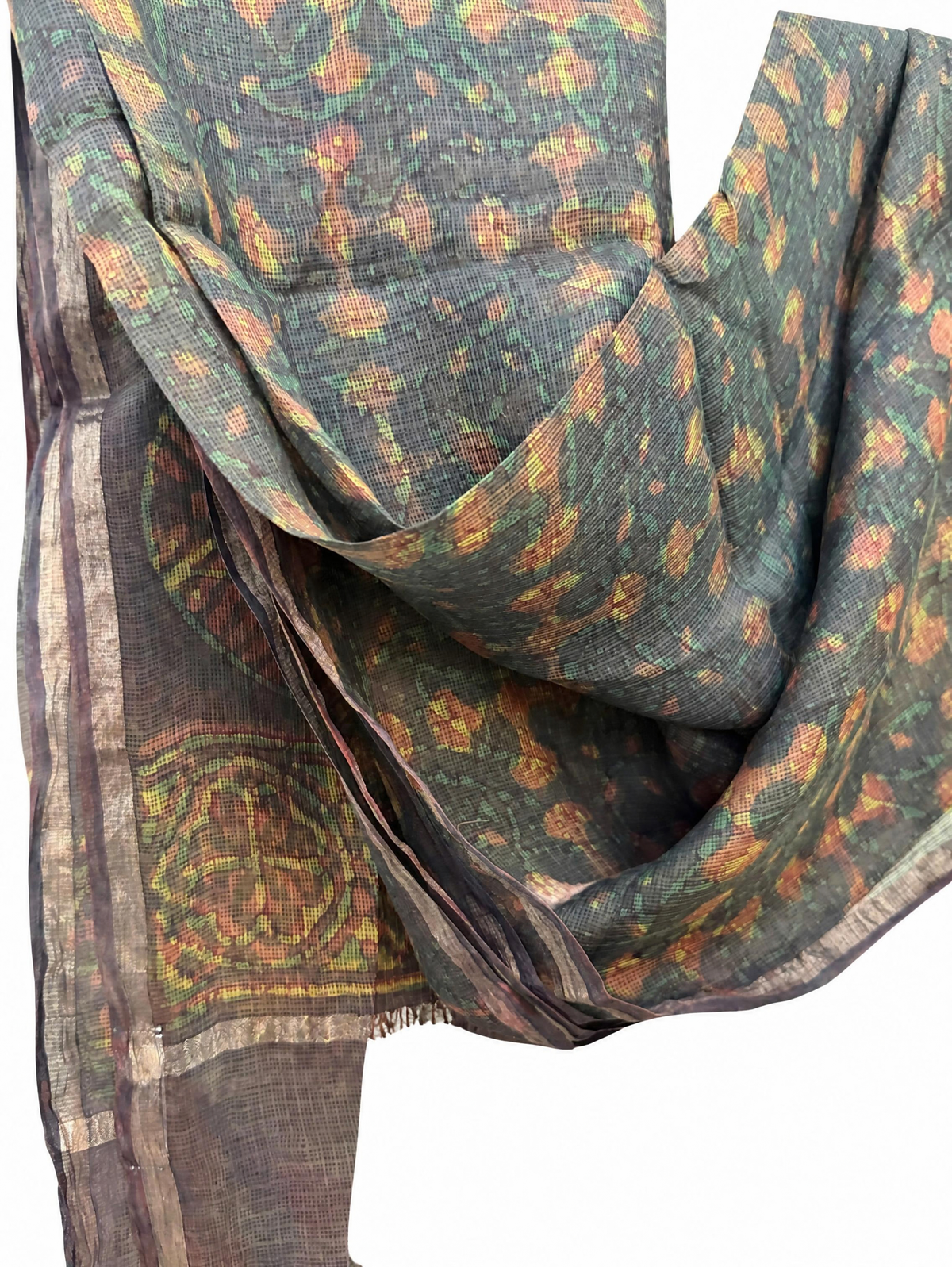 Brown Dabu Hand Block Print Kota Silk Dupatta
