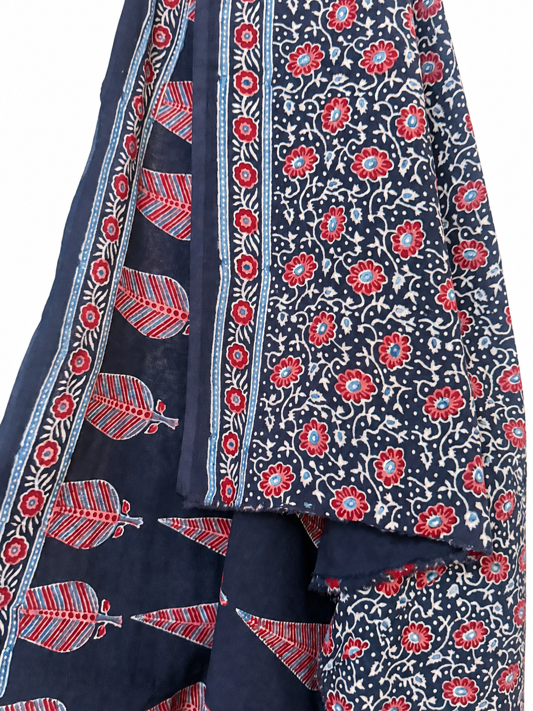 Close-up of indigo red Ajrakh hand block print Mal Mal cotton saree featuring red floral motifs, white detailing and traditional feather patterns