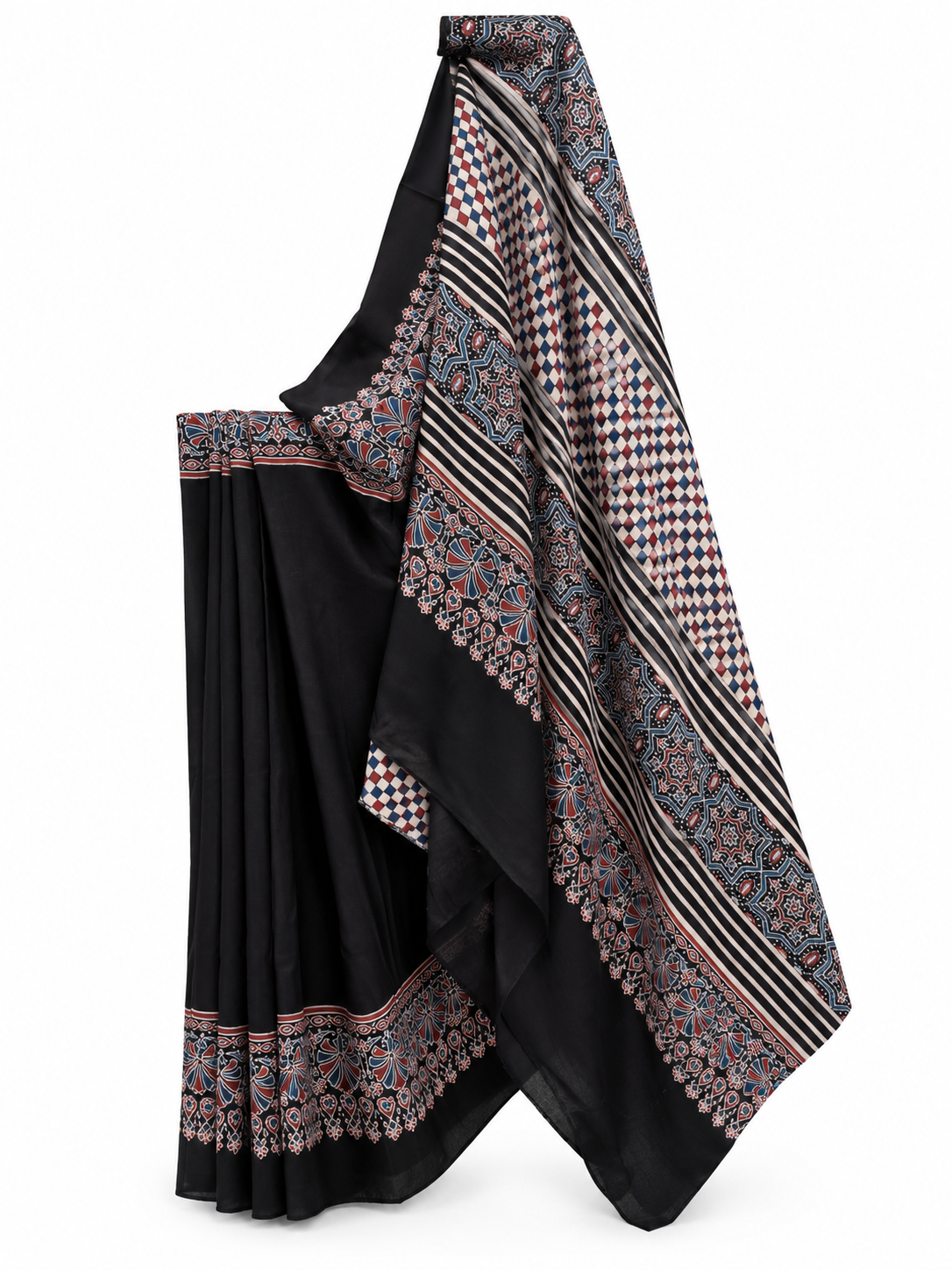 Black Dabu Hand Block Print Modal Silk Saree