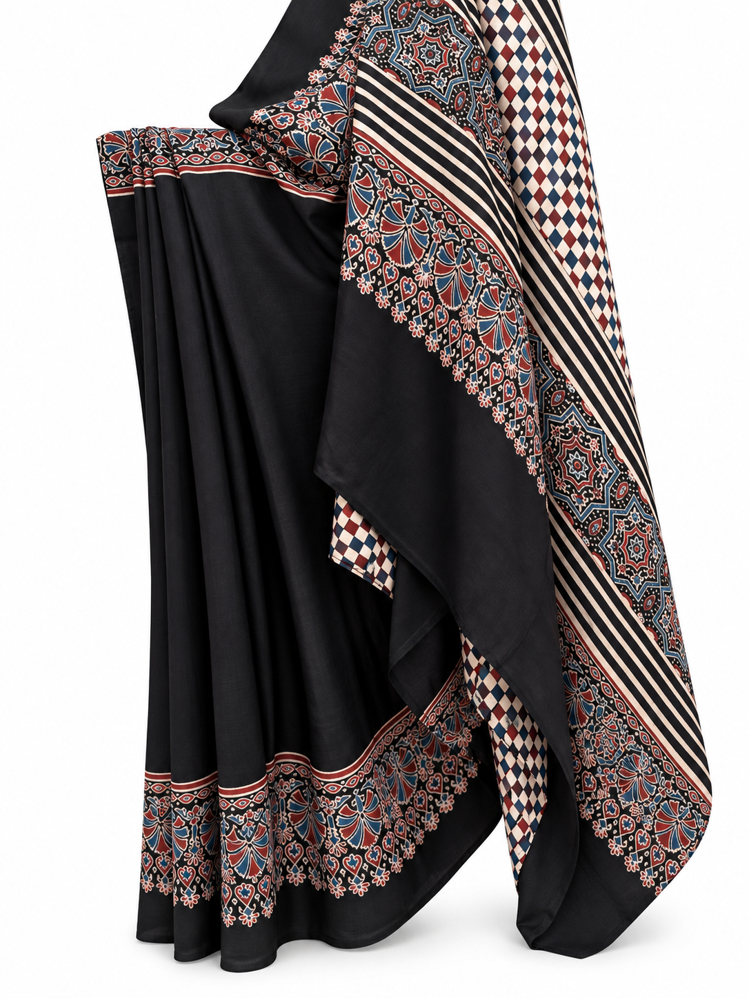 Black Dabu Hand Block Print Modal Silk Saree
