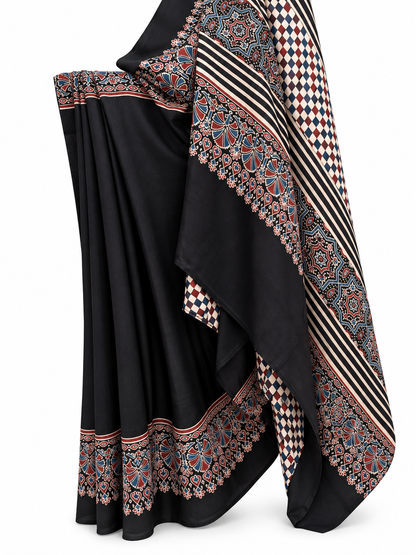 Black Dabu Hand Block Print Modal Silk Saree