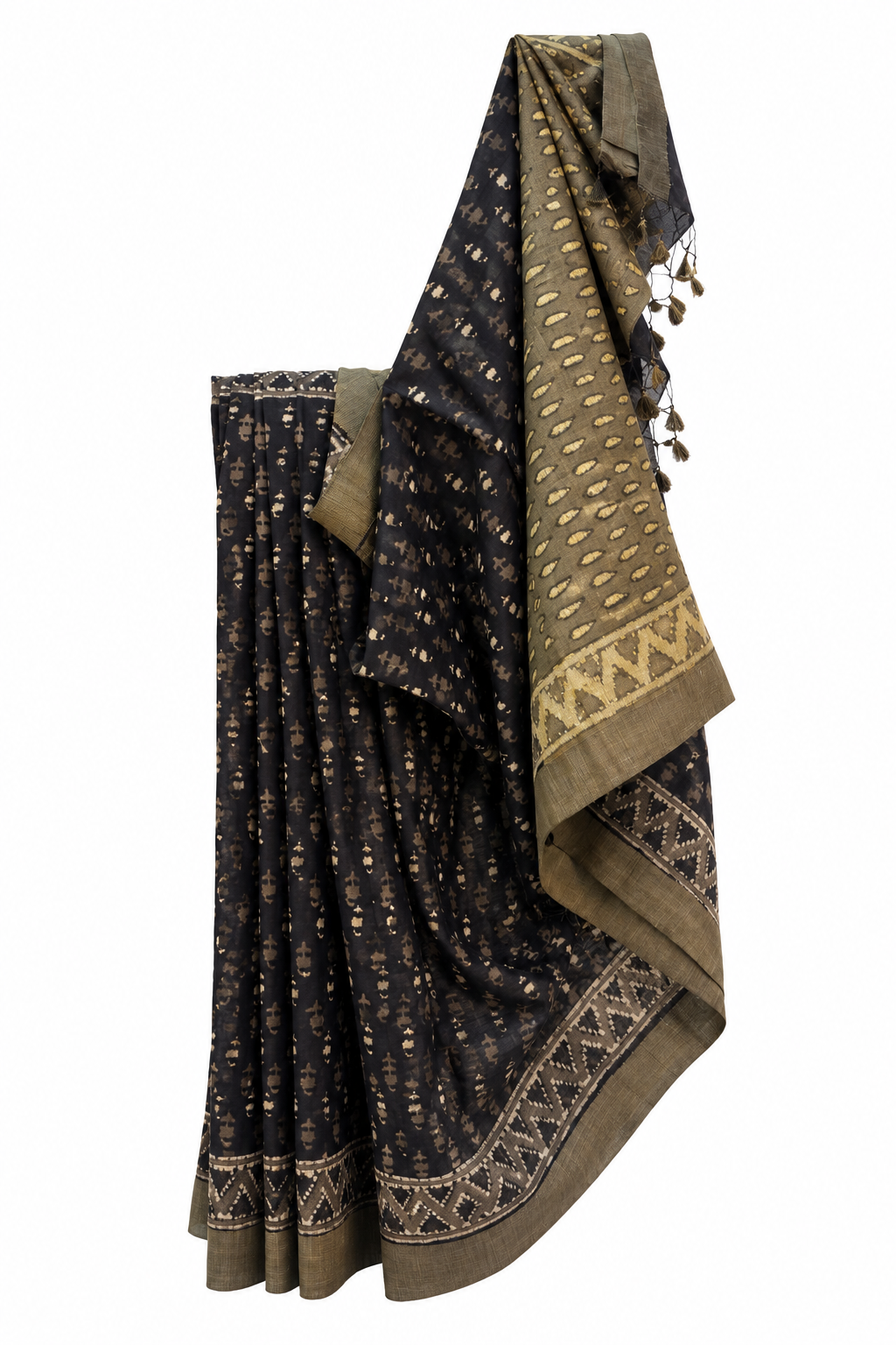 Black Dabu Hand Block Print Maheshwari Saree with Tussar Border