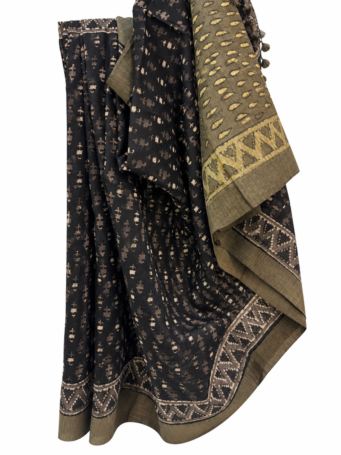 Black Dabu Hand Block Print Maheshwari Saree with Tussar Border