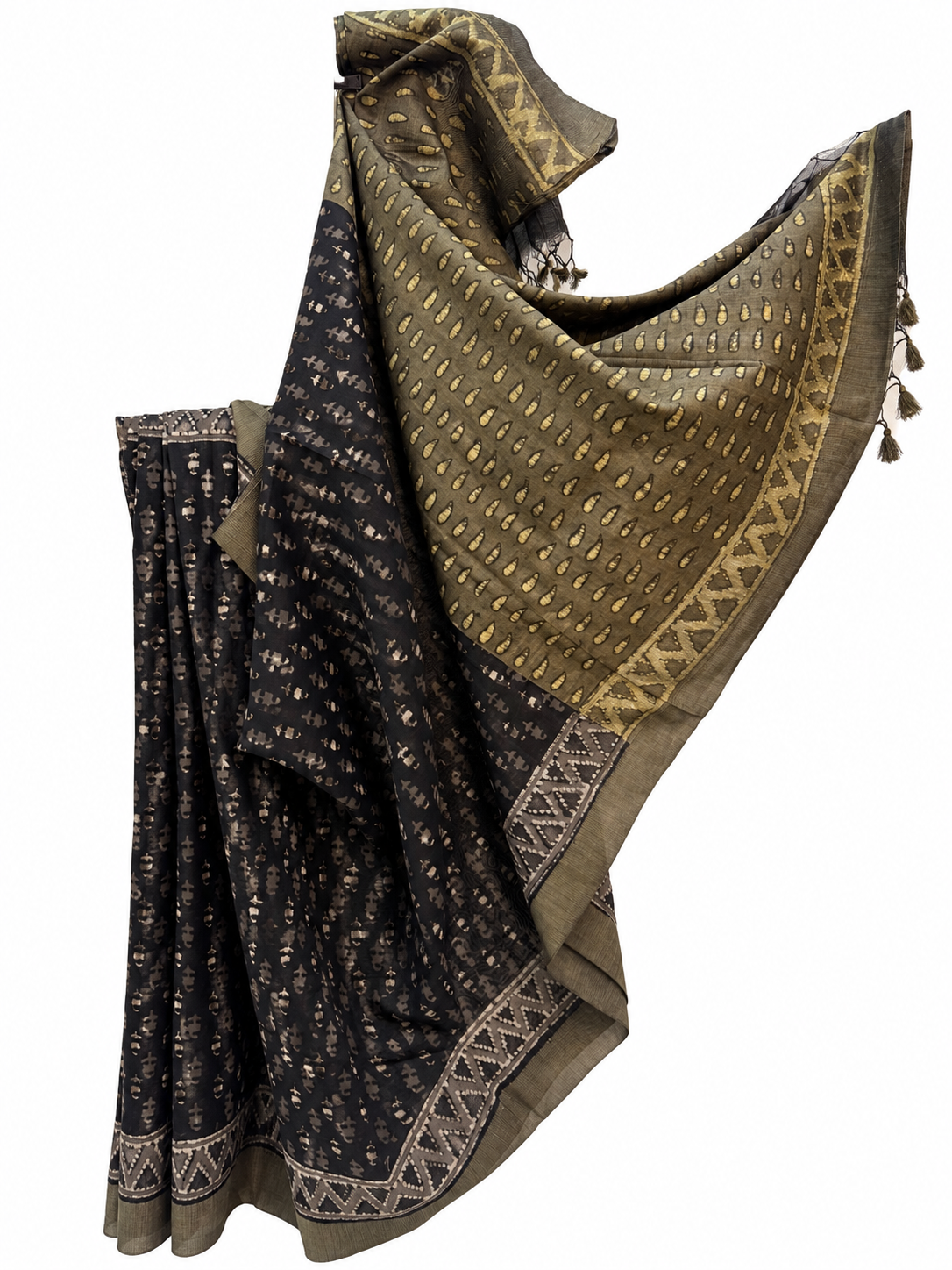 Black Dabu Hand Block Print Maheshwari Saree with Tussar Border