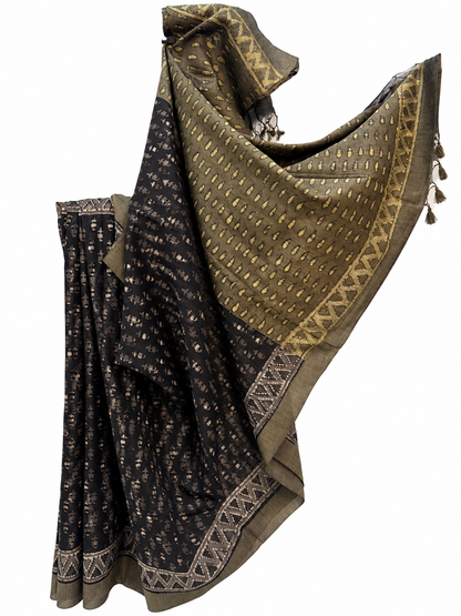 Black Dabu Hand Block Print Maheshwari Saree with Tussar Border