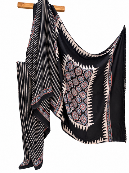 Black Ajrakh Hand Block Print Modal Silk Saree