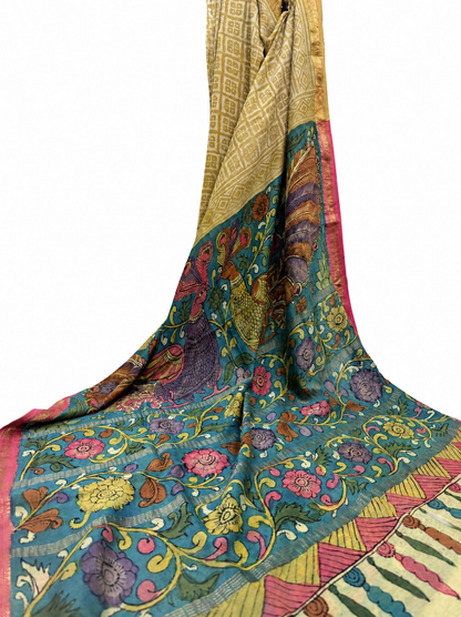 MAHESHWARI BLOCK PRINTED WITH MACHLI PATNAM KALAMKARI BLOUSE & PALLU