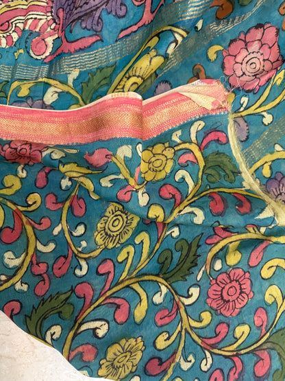 MAHESHWARI BLOCK PRINTED WITH MACHLI PATNAM KALAMKARI BLOUSE & PALLU