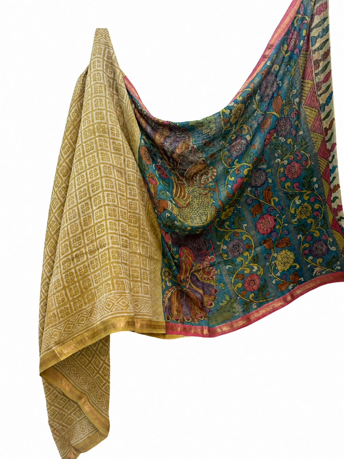 MAHESHWARI BLOCK PRINTED WITH MACHLI PATNAM KALAMKARI BLOUSE & PALLU