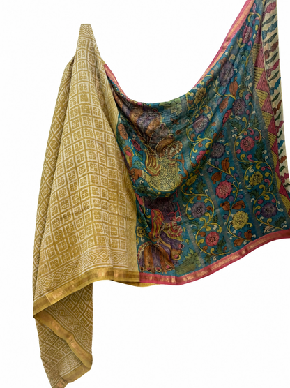 MAHESHWARI BLOCK PRINTED WITH MACHLI PATNAM KALAMKARI BLOUSE & PALLU