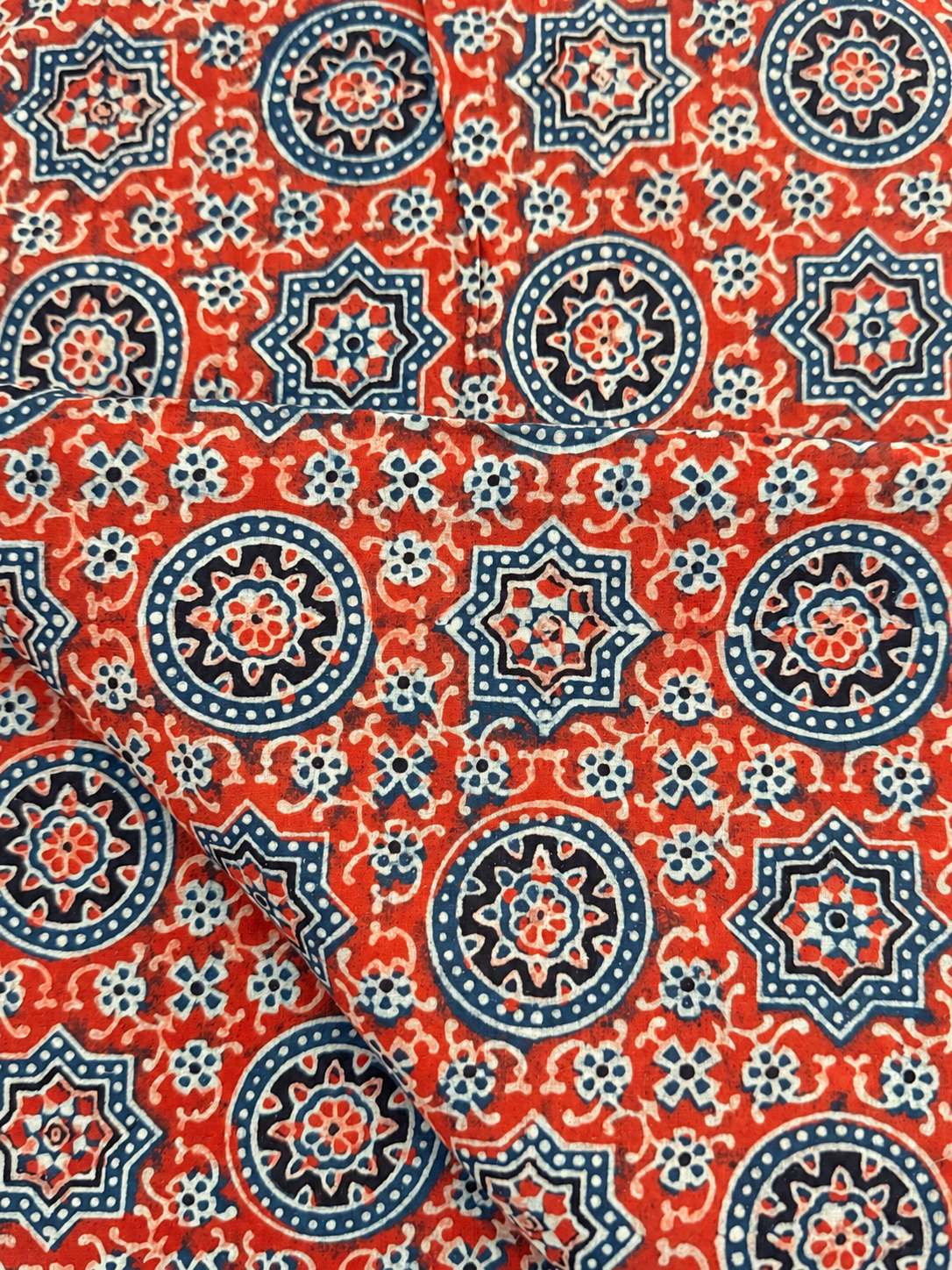 Ajrakh Floral Medallion Malmal Cotton Hand Block Print Fabric