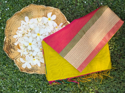 Lime Yellow Maheshwari Silk Handloom Saree with Zari Work