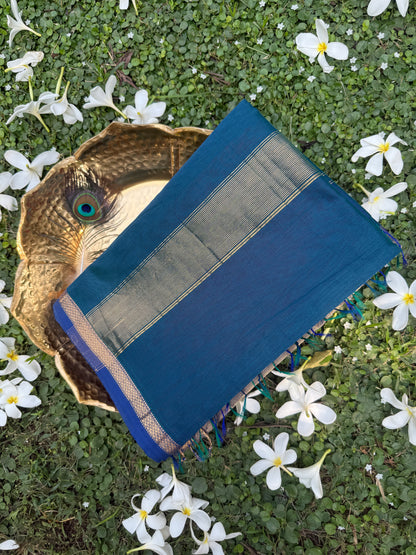 Peacock Blue Maheshwari Silk Handloom Saree with Gold Zari Border