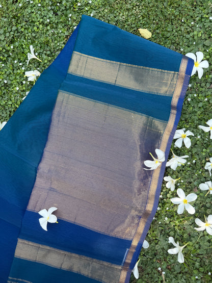Peacock Blue Maheshwari Silk Handloom Saree with Gold Zari Border