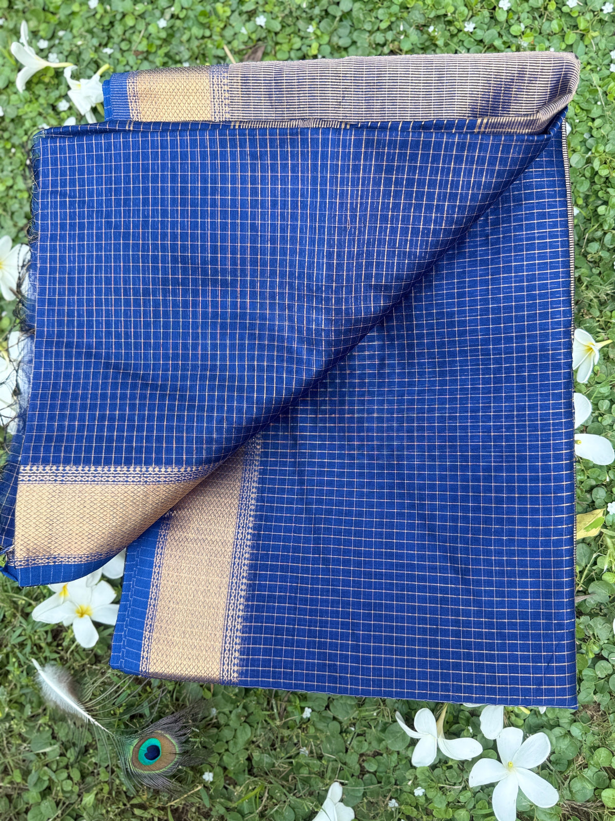 Royal Blue Maheshwari Silk Handloom Saree with Zari Checks