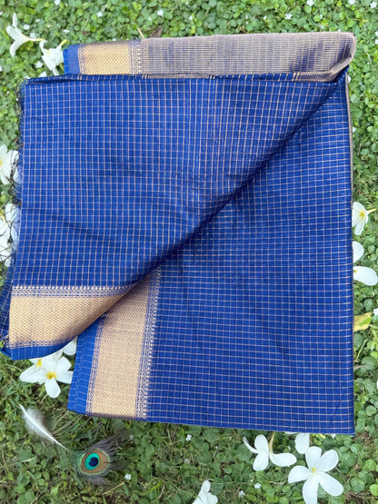 Royal Blue Maheshwari Silk Handloom Saree with Zari Checks