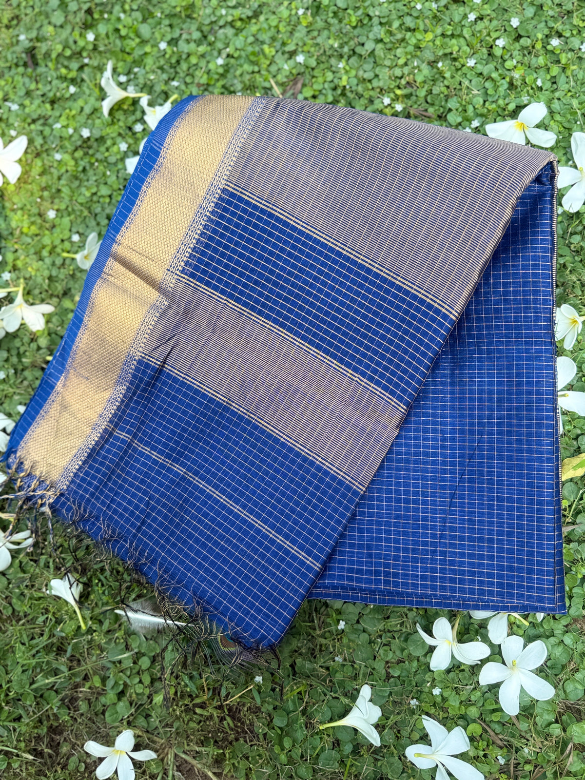 Royal Blue Maheshwari Silk Handloom Saree with Zari Checks