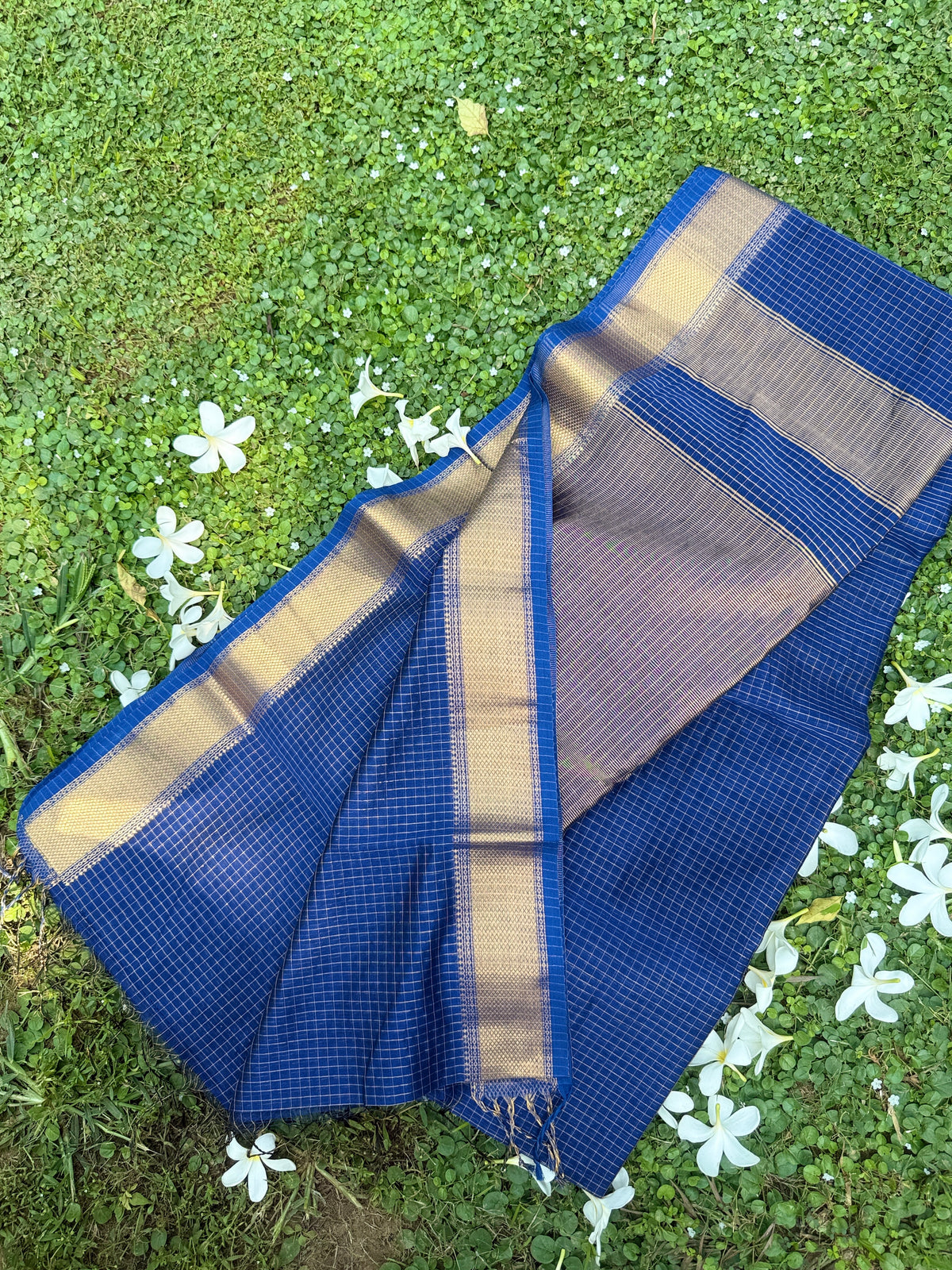 Royal Blue Maheshwari Silk Handloom Saree with Zari Checks