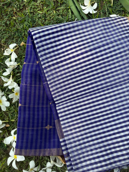 Royal Blue Check Pallu Zari Buti Maheshwari Silk Saree