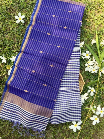 Royal Blue Check Pallu Zari Buti Maheshwari Silk Saree
