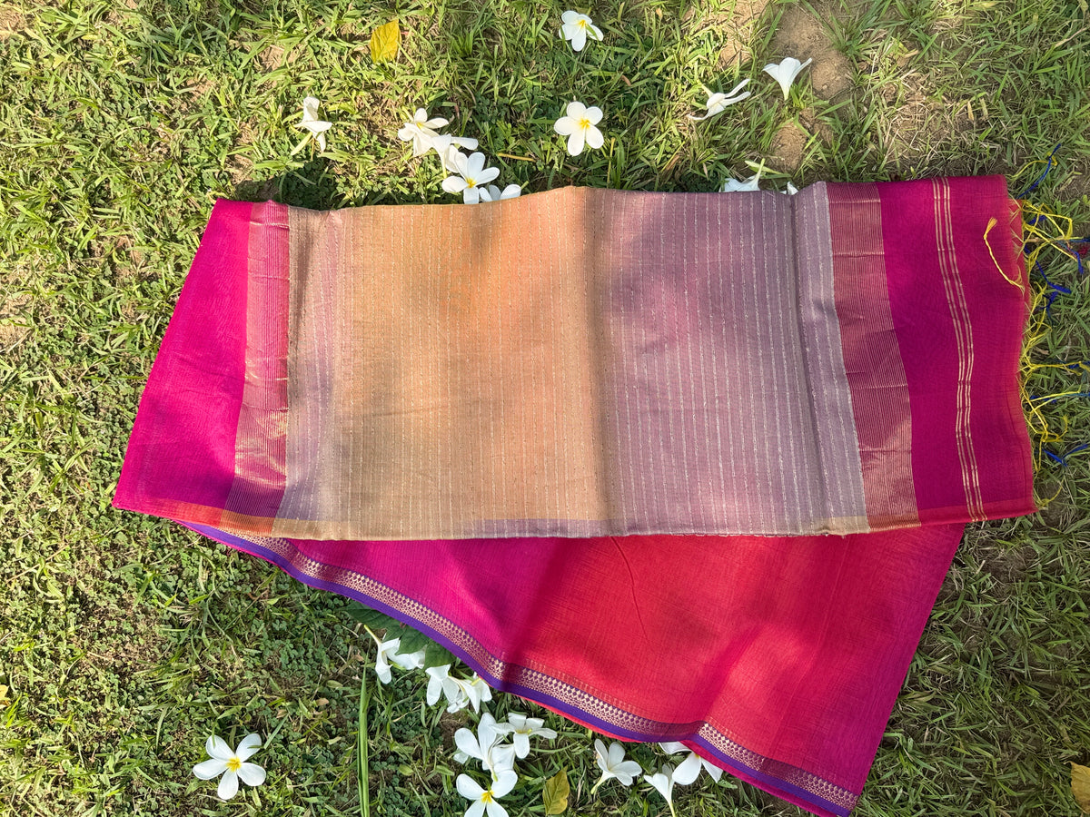 Pink Magenta Double Tone Maheshwari Silk Saree with Zari Border