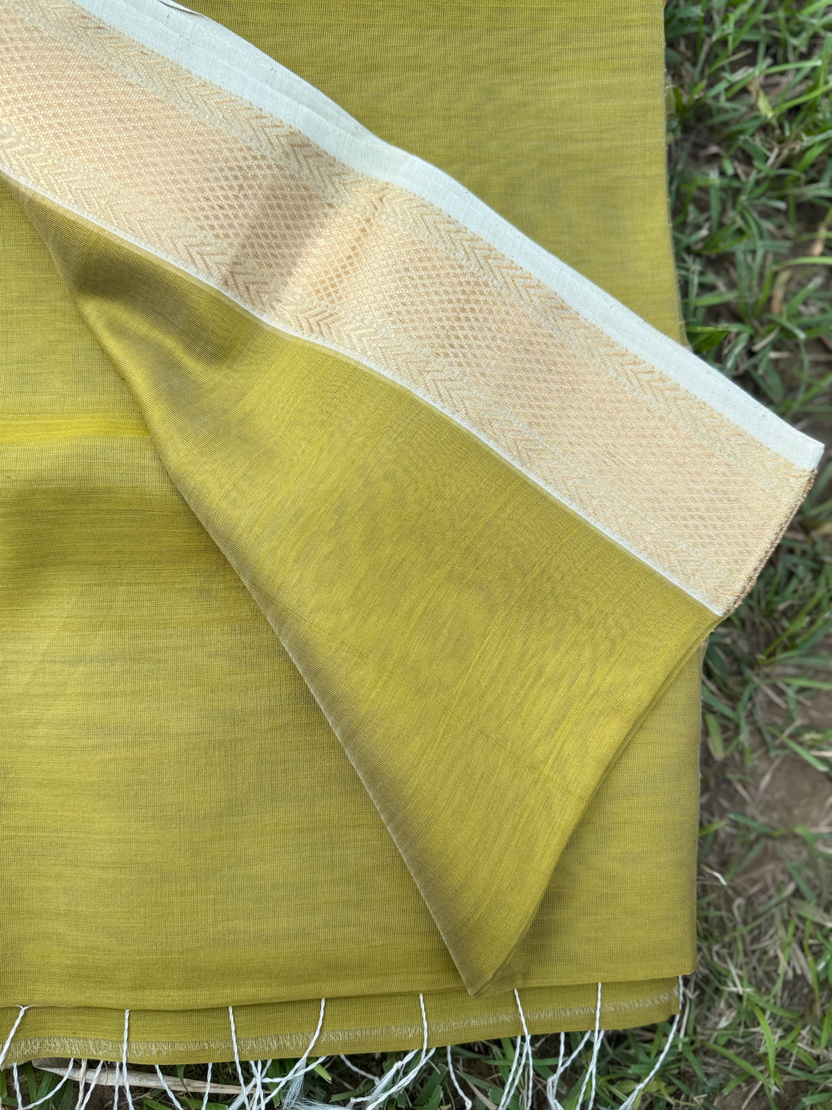 Olive Green Maheshwari Silk Saree with Golden Zari Border