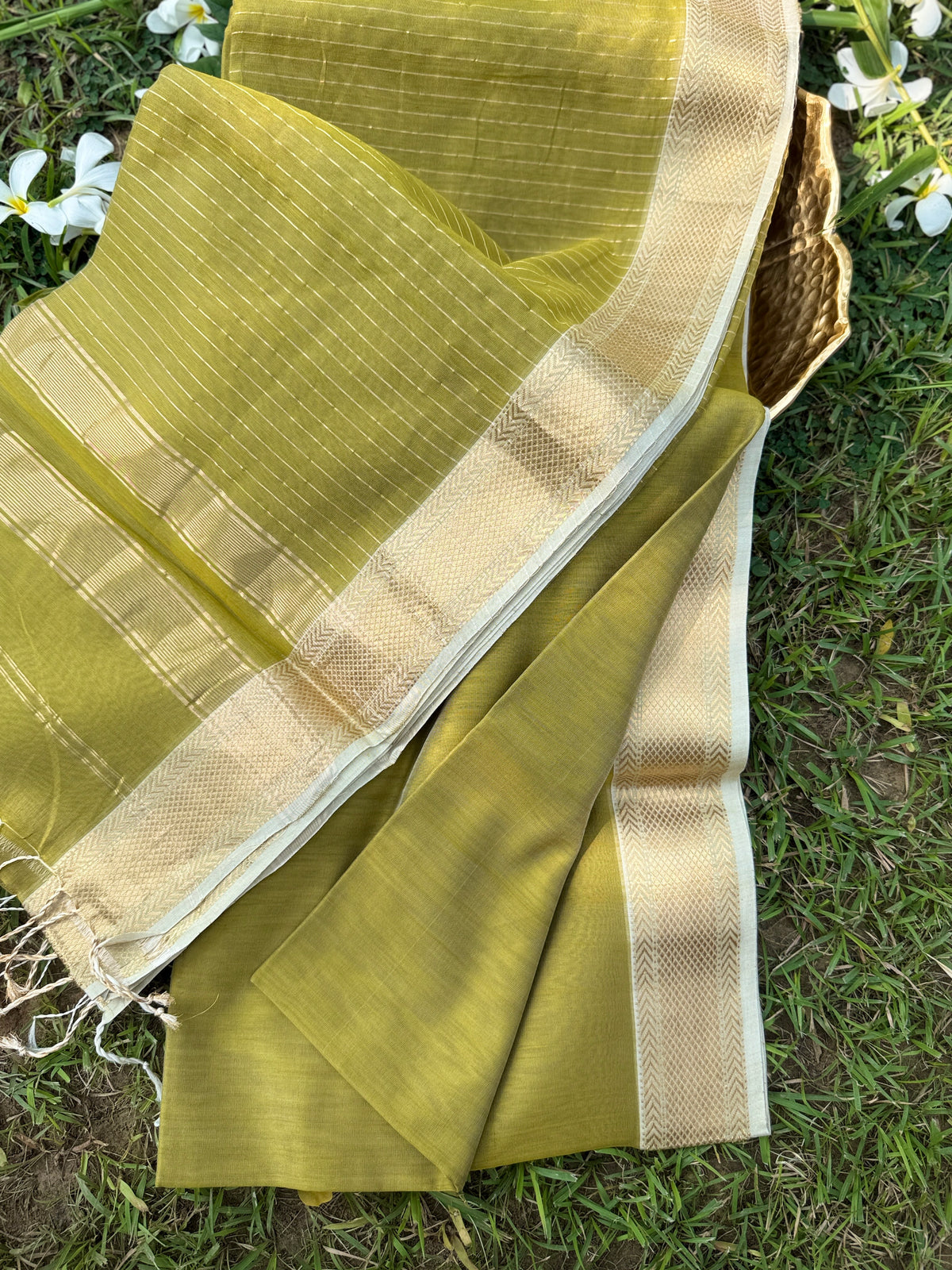Olive Green Maheshwari Silk Saree with Golden Zari Border