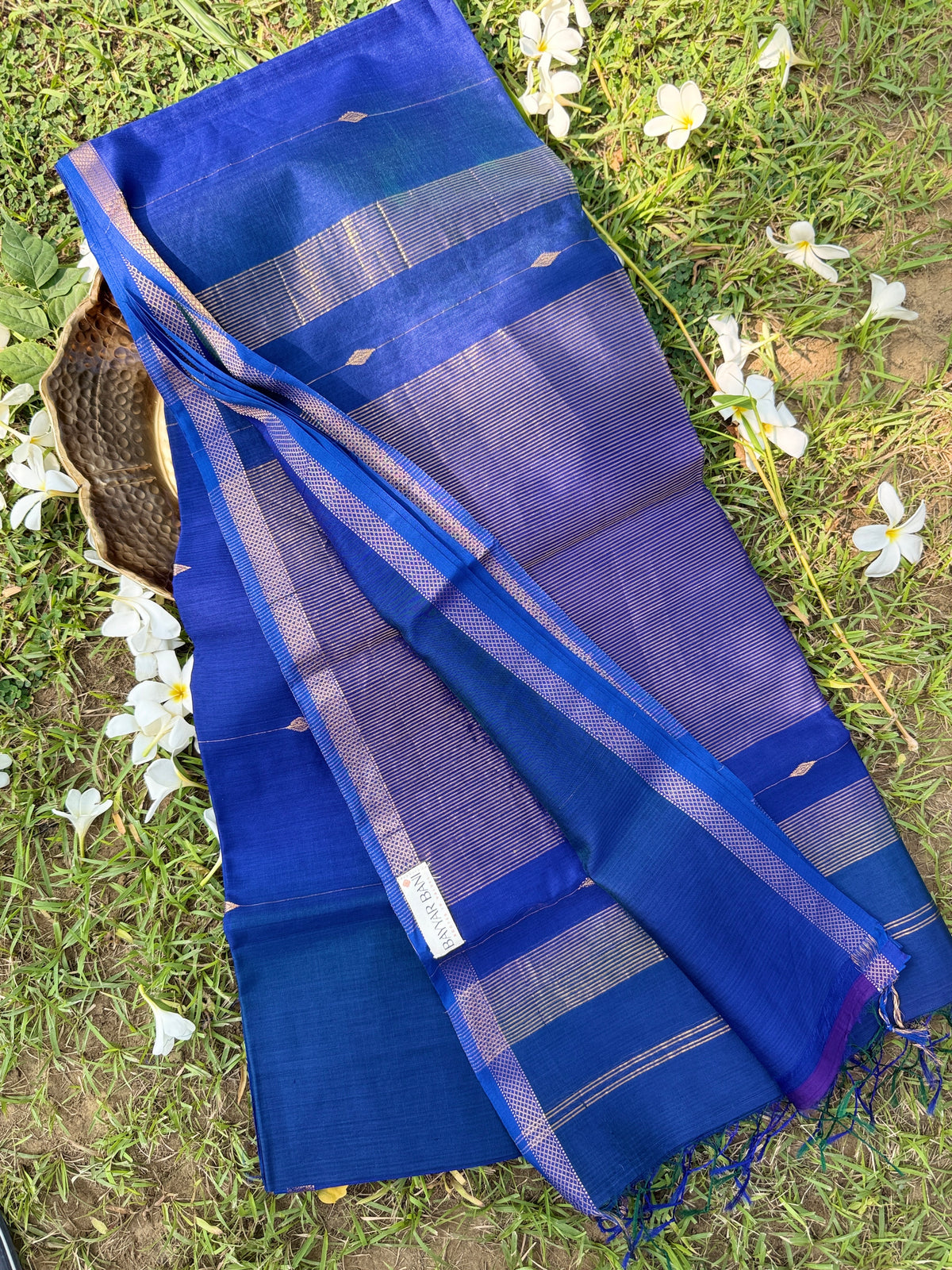 Royal Blue Maheshwari Silk Saree with Golden Zari Stripes