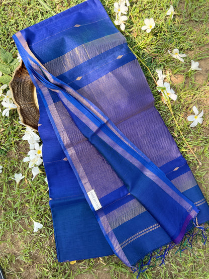 Royal Blue Maheshwari Silk Saree with Golden Zari Stripes