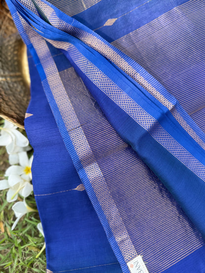 Royal Blue Maheshwari Silk Saree with Golden Zari Stripes