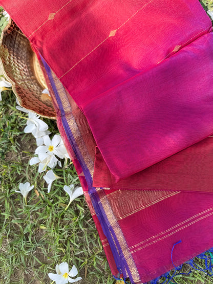 Rani Pink Maheshwari Silk Saree with Golden Zari Stripes