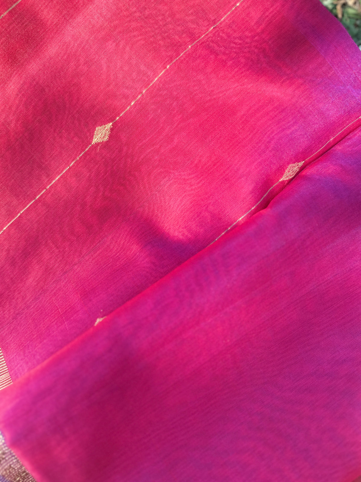 Rani Pink Maheshwari Silk Saree with Golden Zari Stripes