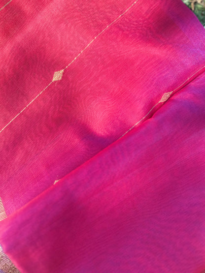 Rani Pink Maheshwari Silk Saree with Golden Zari Stripes