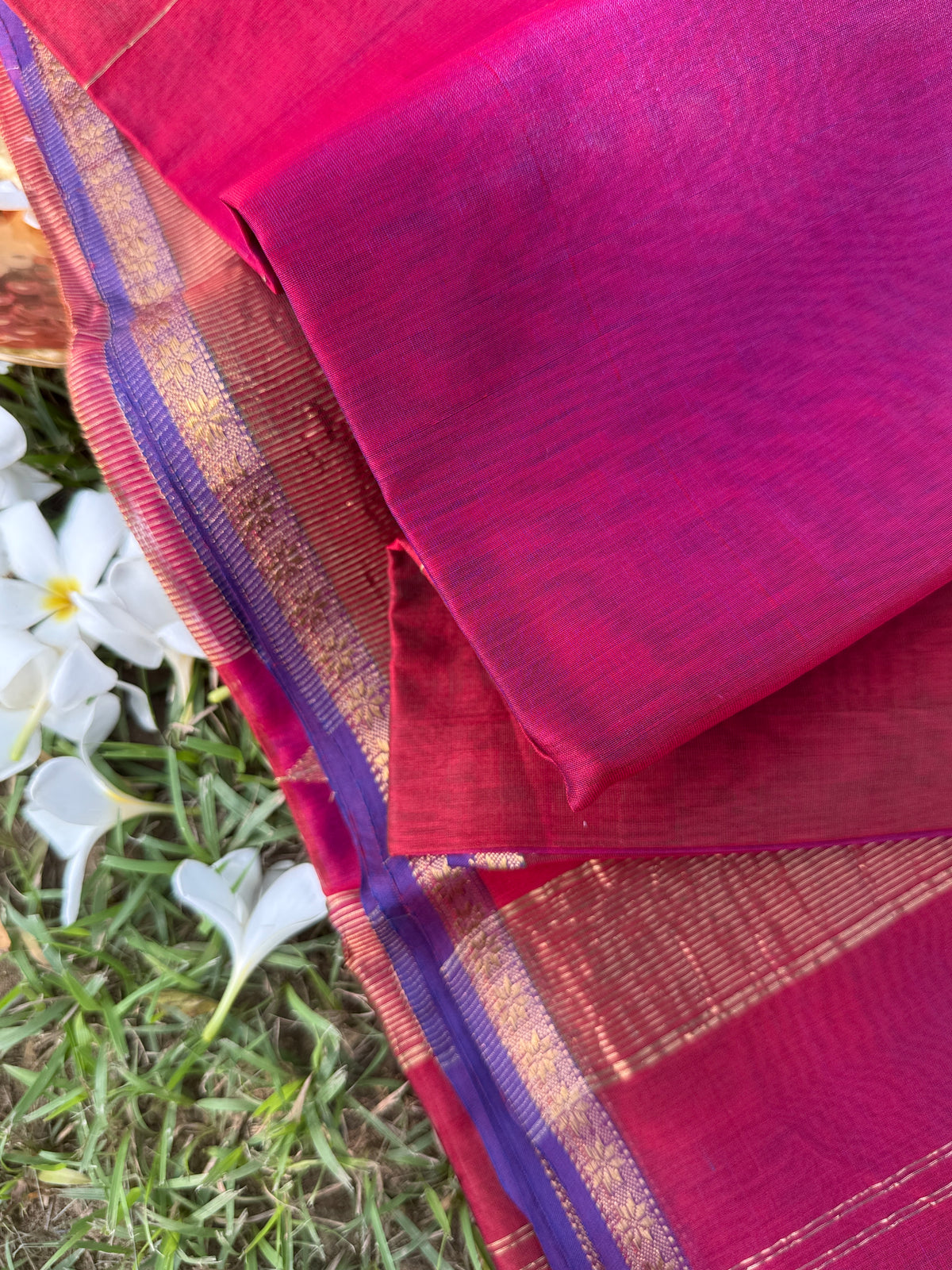 Rani Pink Maheshwari Silk Saree with Golden Zari Stripes