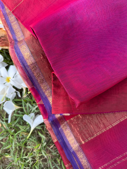 Rani Pink Maheshwari Silk Saree with Golden Zari Stripes