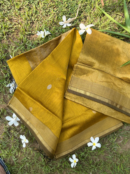 Mustard Yellow Maheshwari Silk Unstitched Suit Set with Zari Buti