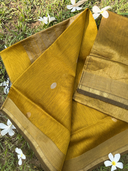 Mustard Yellow Maheshwari Silk Unstitched Suit Set with Zari Buti