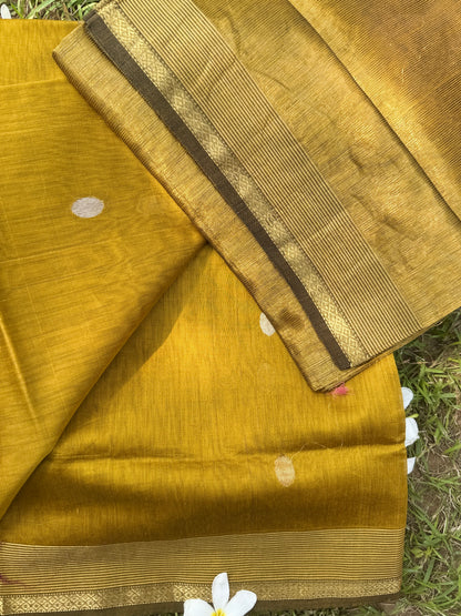 Mustard Yellow Maheshwari Silk Unstitched Suit Set with Zari Buti