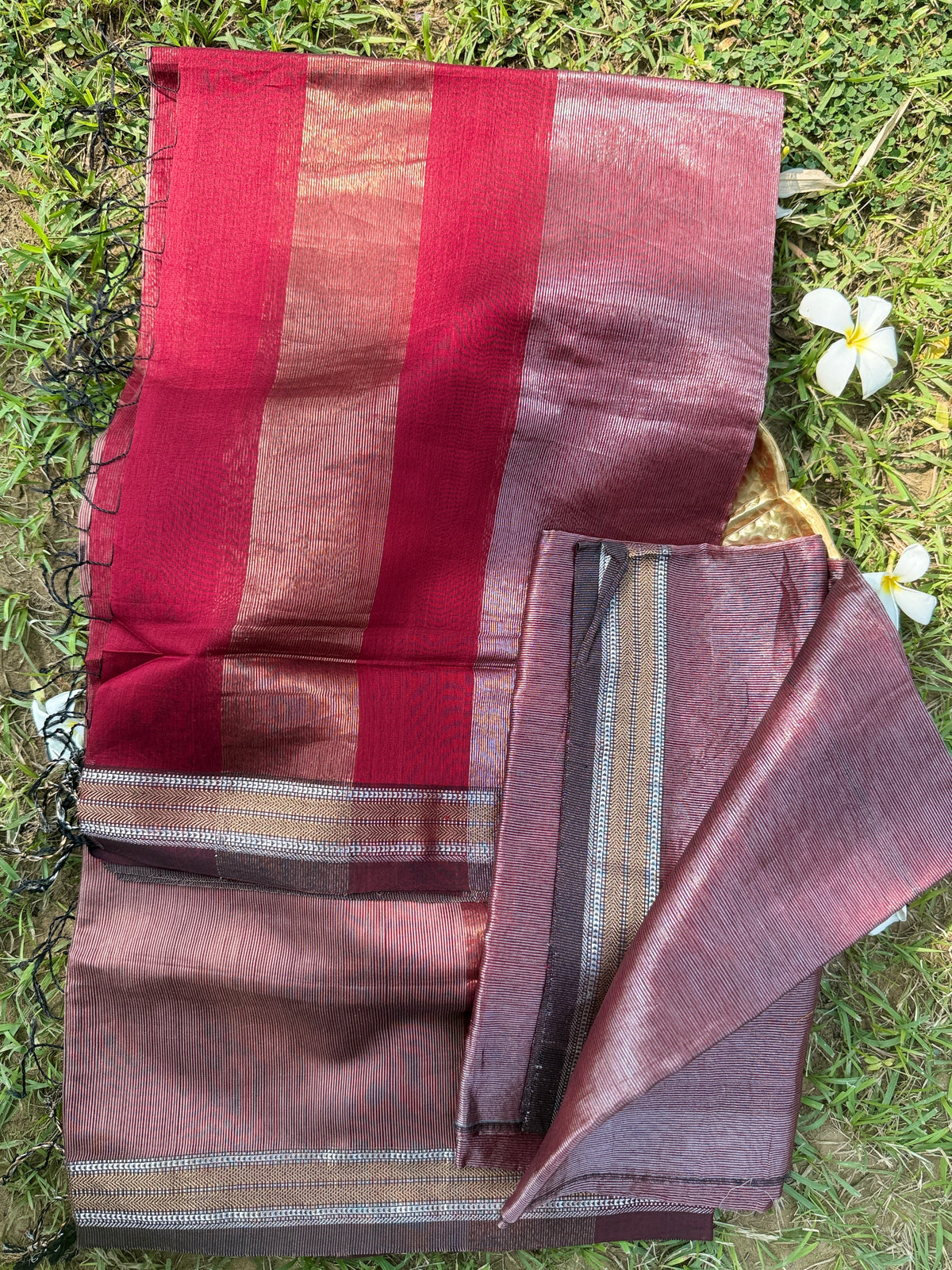 Rust Copper & Red Maheshwari Silk Suit Set with Zari Border